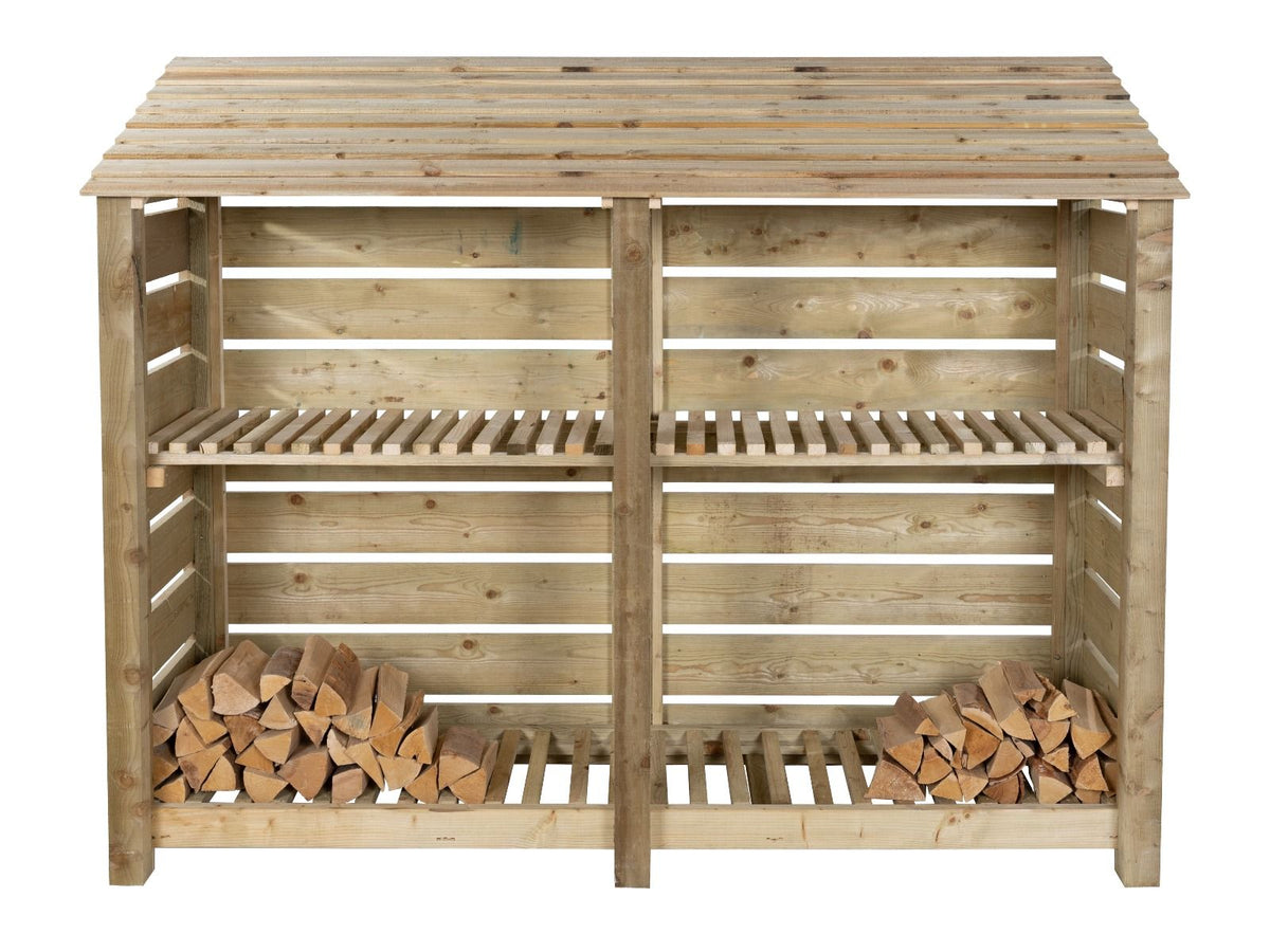 Slatted Wooden Log Store with Shelf W-227cm, H-126cm or 180cm, D-88cm - SGP Garden Ltd
