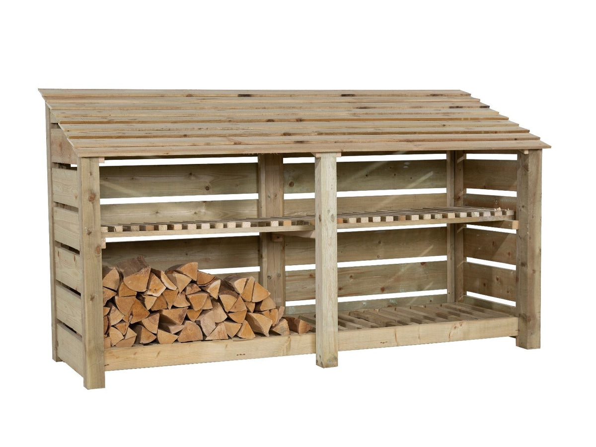 Slatted Wooden Log Store with Shelf W-227cm, H-126cm or 180cm, D-88cm - SGP Garden Ltd