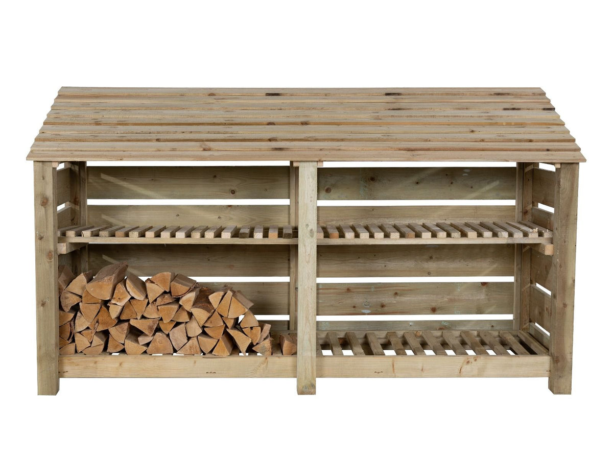 Slatted Wooden Log Store with Shelf W-227cm, H-126cm or 180cm, D-88cm - SGP Garden Ltd