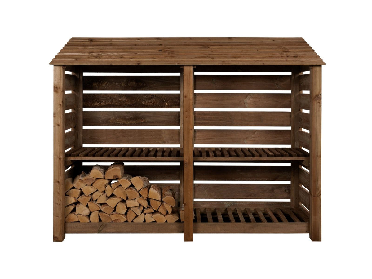 Slatted Wooden Log Store with Shelf W-227cm, H-126cm or 180cm, D-88cm - Brown Finish - SGP Garden Ltd