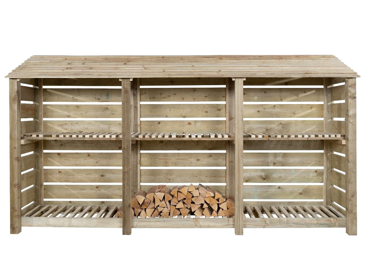 Slatted Wooden Log Store with Shelf W-335cm, H-126cm or 180cm, D-88cm - SGP Garden Ltd