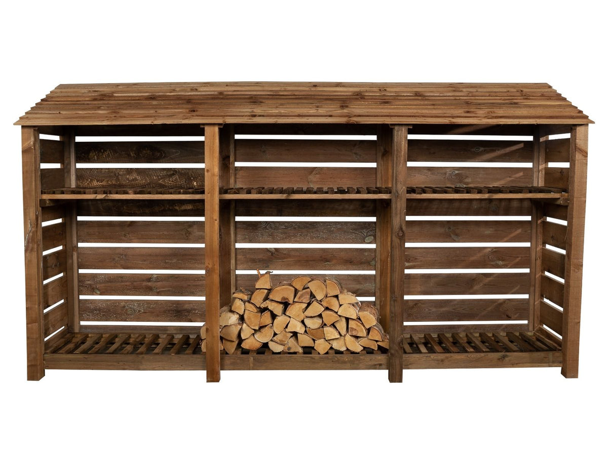 Slatted Wooden Log Store with Shelf W-335cm, H-126cm or 180cm, D-88cm - Brown Finish - SGP Garden Ltd