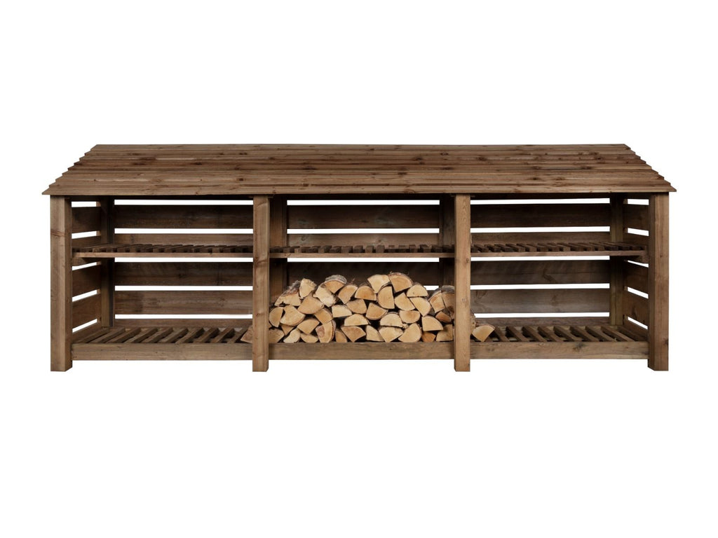 Slatted Wooden Log Store with Shelf W-335cm, H-126cm or 180cm, D-88cm - Brown Finish - SGP Garden Ltd