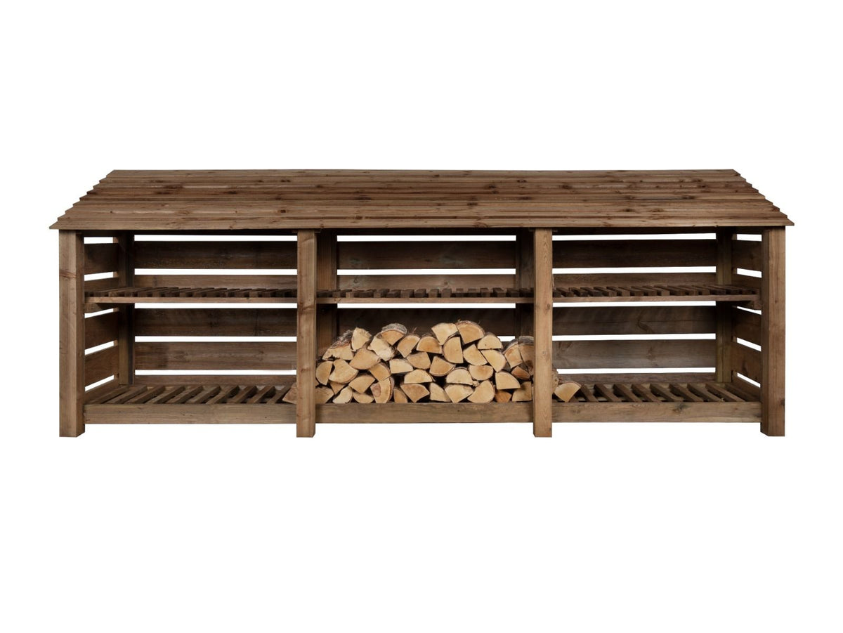 Slatted Wooden Log Store with Shelf W-335cm, H-126cm or 180cm, D-88cm - Brown Finish - SGP Garden Ltd