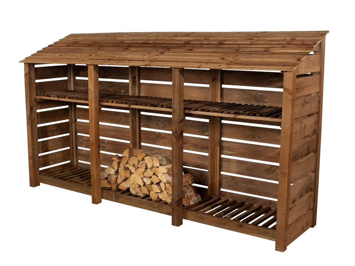 Slatted Wooden Log Store with Shelf W-335cm, H-126cm or 180cm, D-88cm - Brown Finish - SGP Garden Ltd