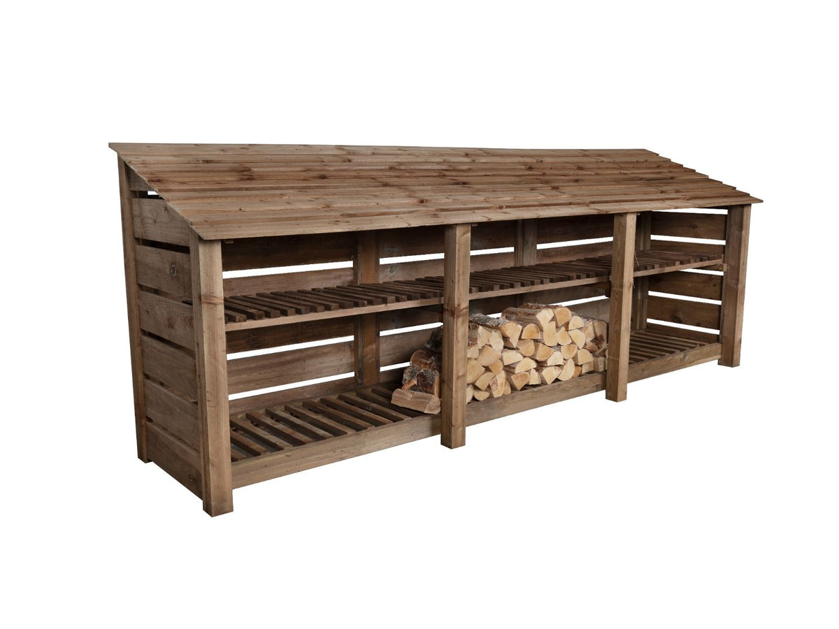 Slatted Wooden Log Store with Shelf W-335cm, H-126cm or 180cm, D-88cm - Brown Finish - SGP Garden Ltd