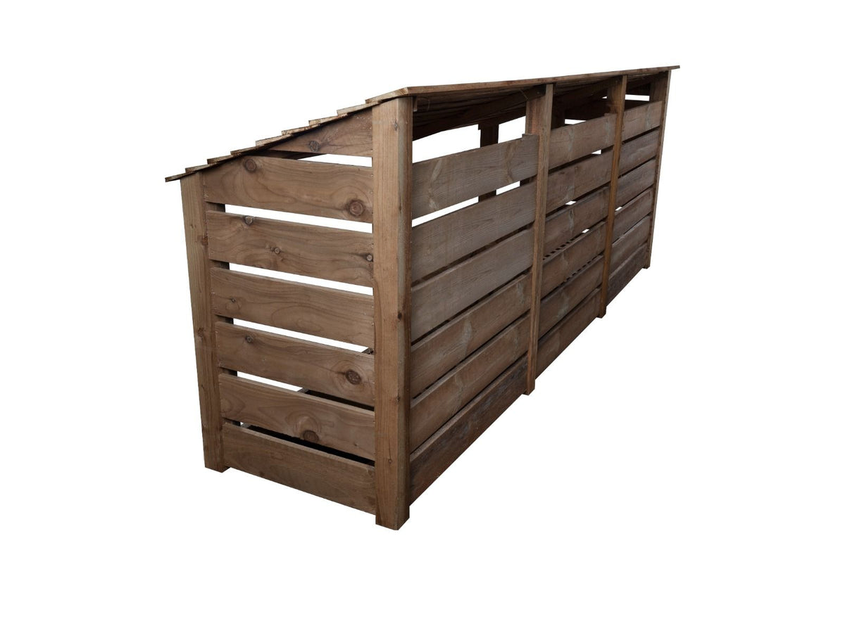Slatted Wooden Log Store with Shelf W-335cm, H-126cm or 180cm, D-88cm - Brown Finish - SGP Garden Ltd