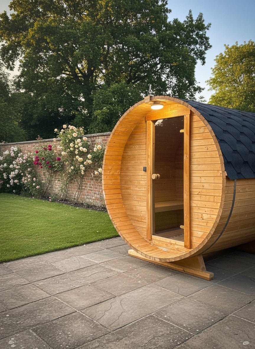 Steam & Oak Gas Barrel Sauna 2.4m with Porch (Electric or Wood-Fired) - SGP Garden Ltd