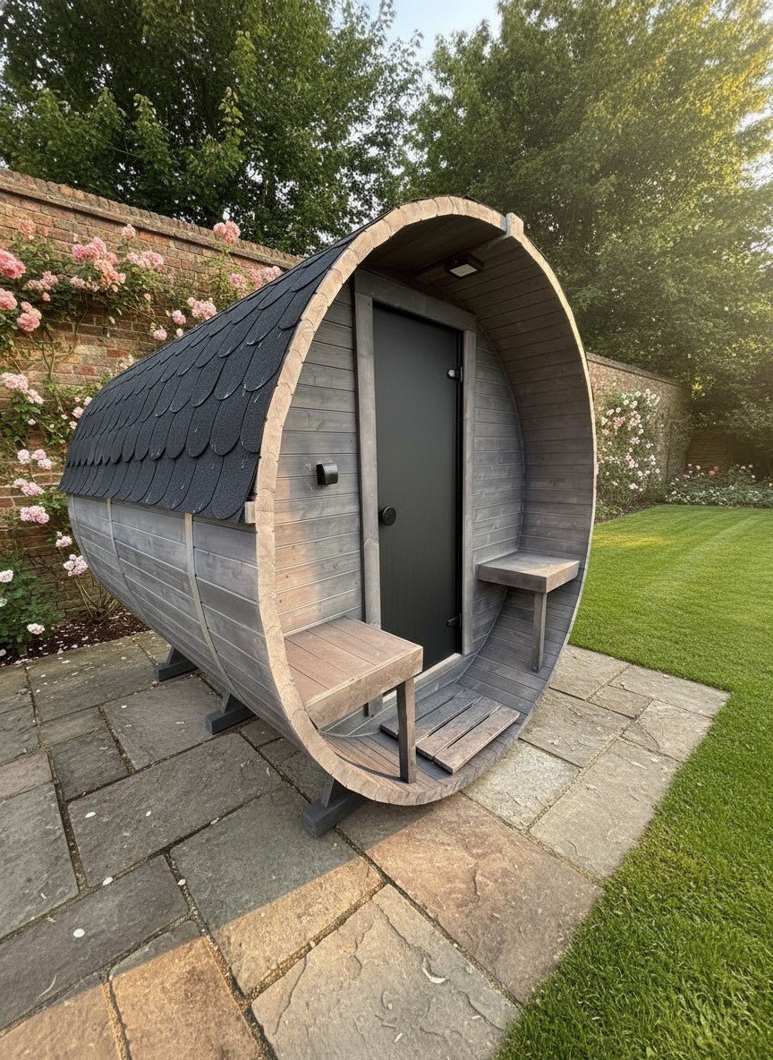 Steam & Oak Gas Barrel Sauna 2.4m with Porch (Electric or Wood-Fired) - SGP Garden Ltd