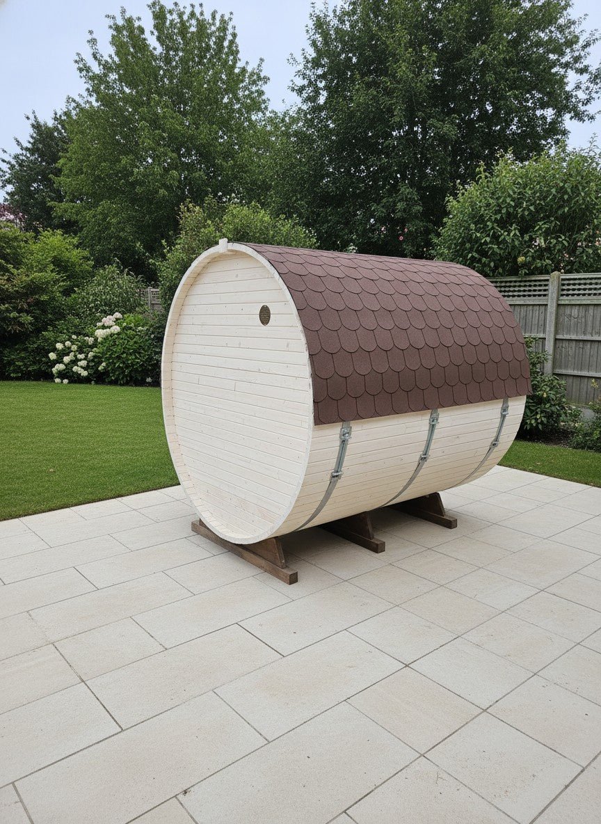 Steam & Oak Gas Barrel Sauna 2.4m with Porch (Electric or Wood-Fired) - SGP Garden Ltd