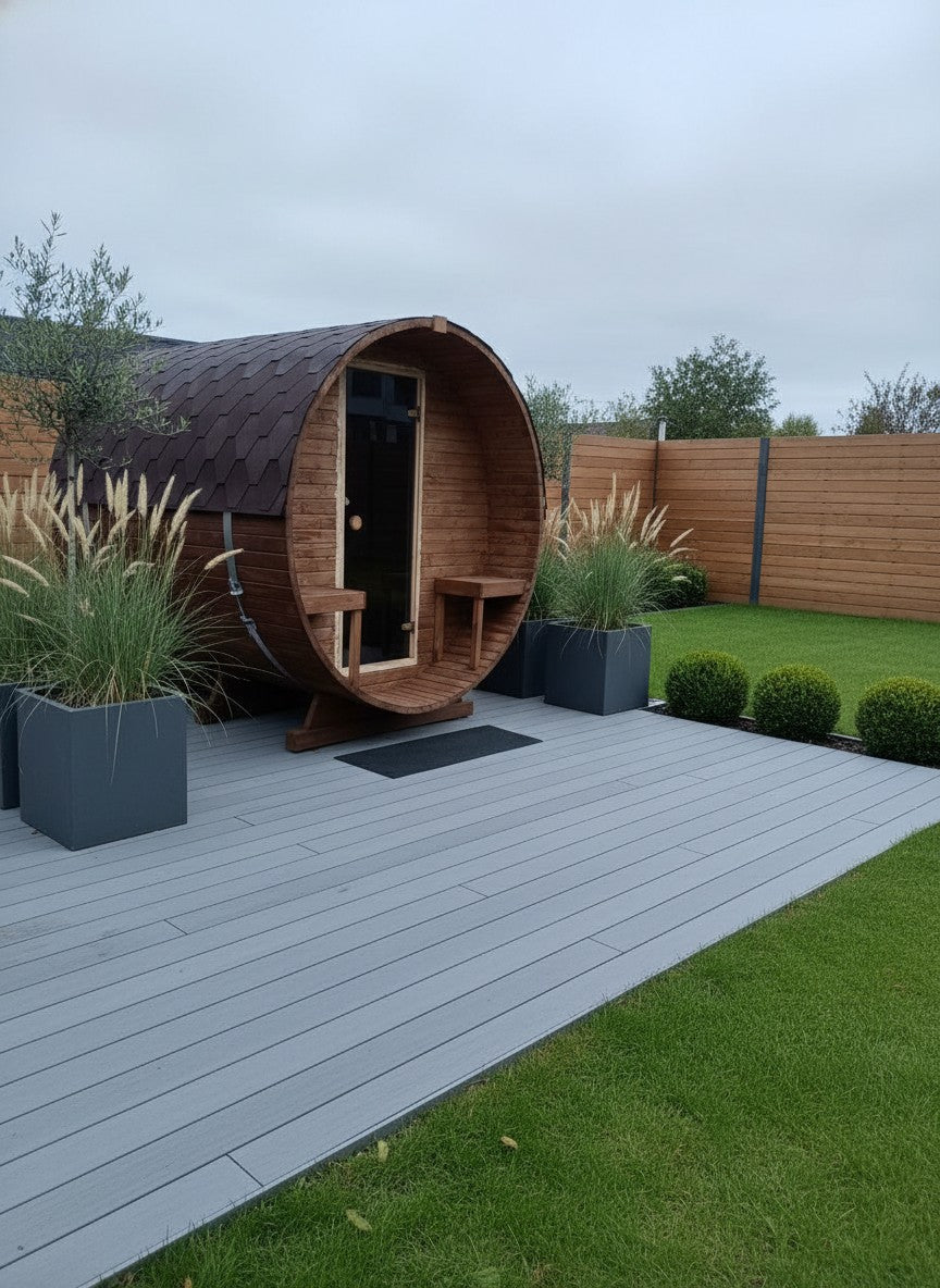 Steam & Oak Gas Barrel Sauna 2.4m with Porch (Electric or Wood-Fired) - SGP Garden Ltd