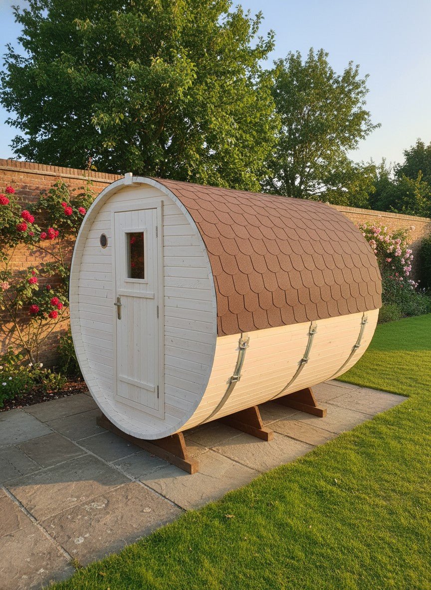 Steam & Oak Gas Barrel Sauna 2.4m with Porch (Electric or Wood-Fired) - SGP Garden Ltd