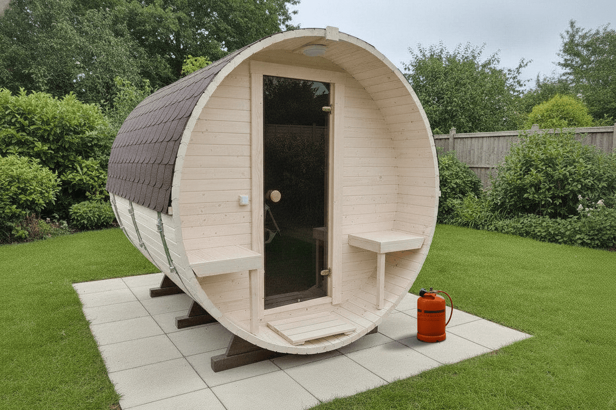 Steam & Oak Gas Barrel Sauna 2.4m with Porch (Electric or Wood-Fired) - SGP Garden Ltd