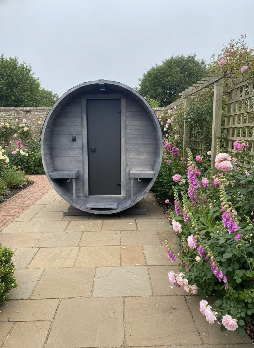 Steam & Oak Gas Barrel Sauna 2.4m with Porch (Electric or Wood-Fired) - SGP Garden Ltd