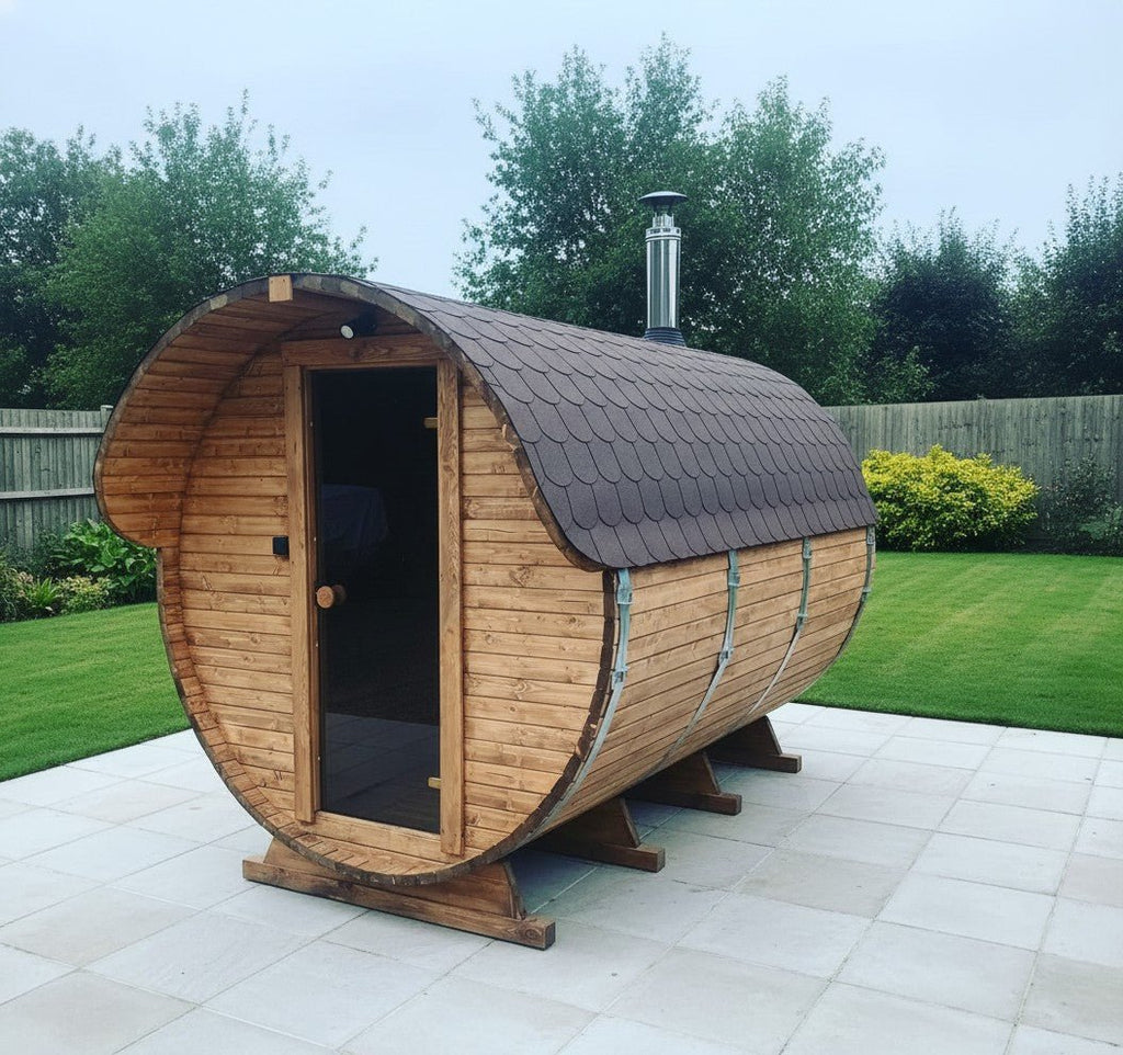 Steam & Oak Gas Barrel Sauna 3m Canopy + Anteroom (Electric or Wood-Fired) - SGP Garden Ltd