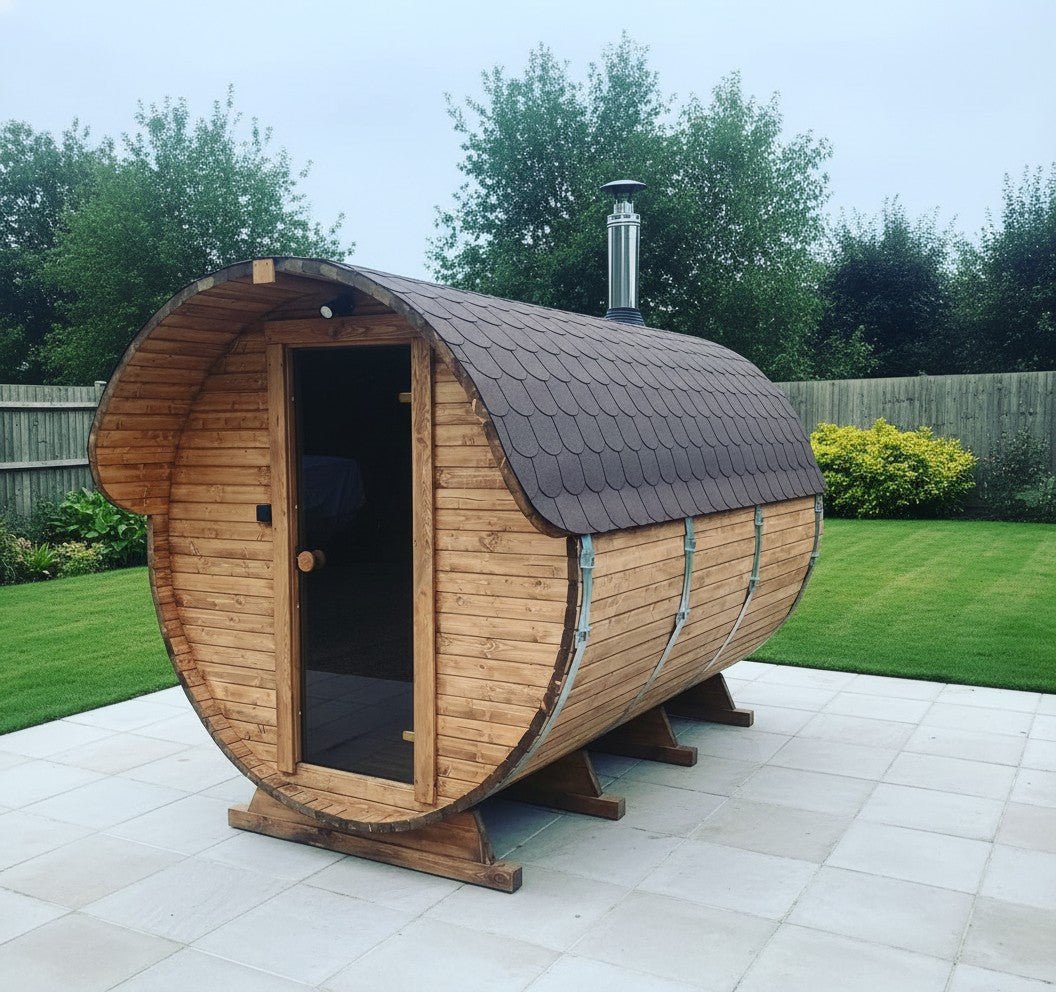 Steam & Oak Gas Barrel Sauna 3m Canopy + Anteroom (Electric or Wood-Fired) - SGP Garden Ltd