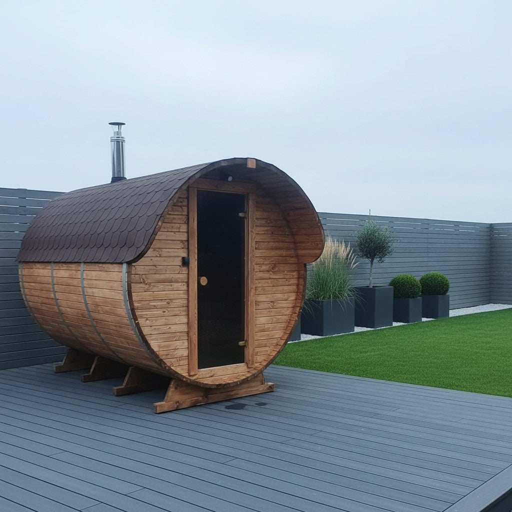 Steam & Oak Gas Barrel Sauna 3m Canopy + Anteroom (Electric or Wood-Fired) - SGP Garden Ltd