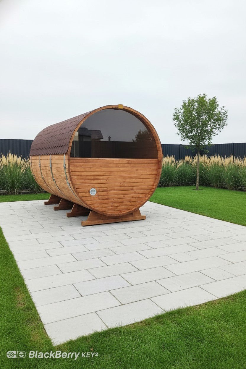 Steam & Oak Gas Barrel Sauna 3m Canopy + Anteroom (Electric or Wood-Fired) - SGP Garden Ltd