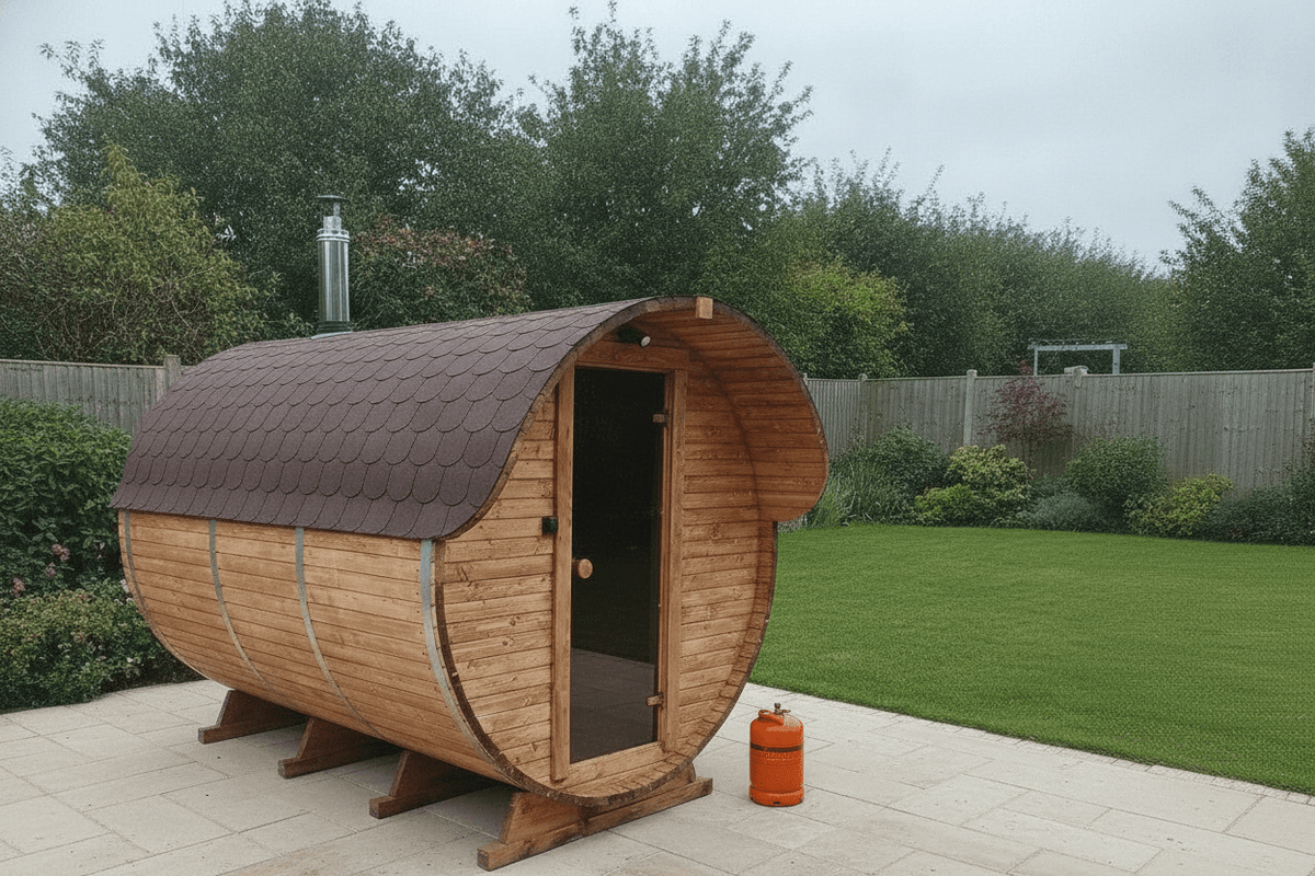 Steam & Oak Gas Barrel Sauna 3m Canopy + Anteroom (Electric or Wood-Fired) - SGP Garden Ltd