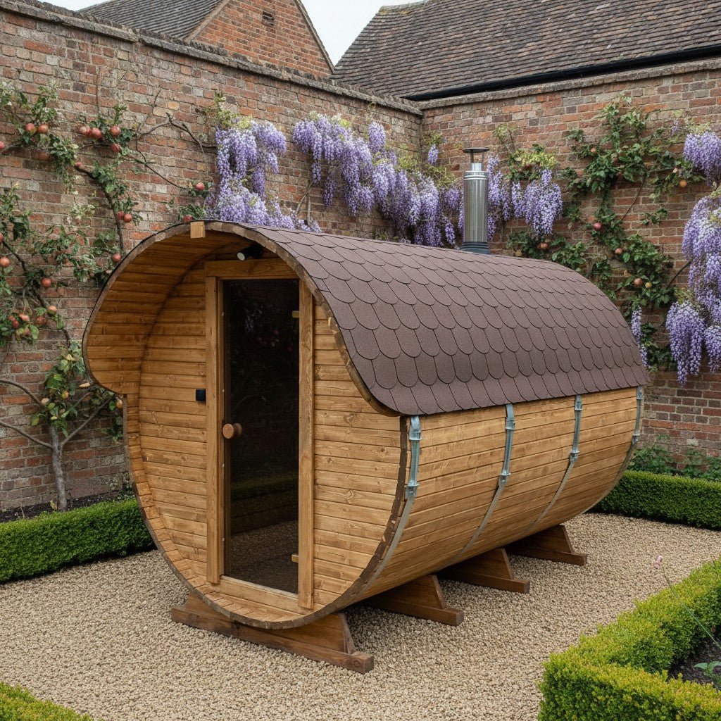 Steam & Oak Gas Barrel Sauna 3m Canopy + Anteroom (Electric or Wood-Fired) - SGP Garden Ltd
