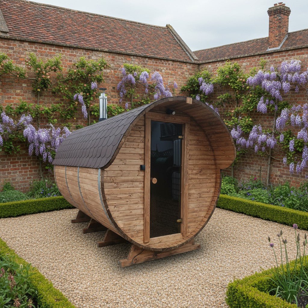 Steam & Oak Gas Barrel Sauna 3m with Anteroom (Electric or Wood-Fired) - SGP Garden Ltd