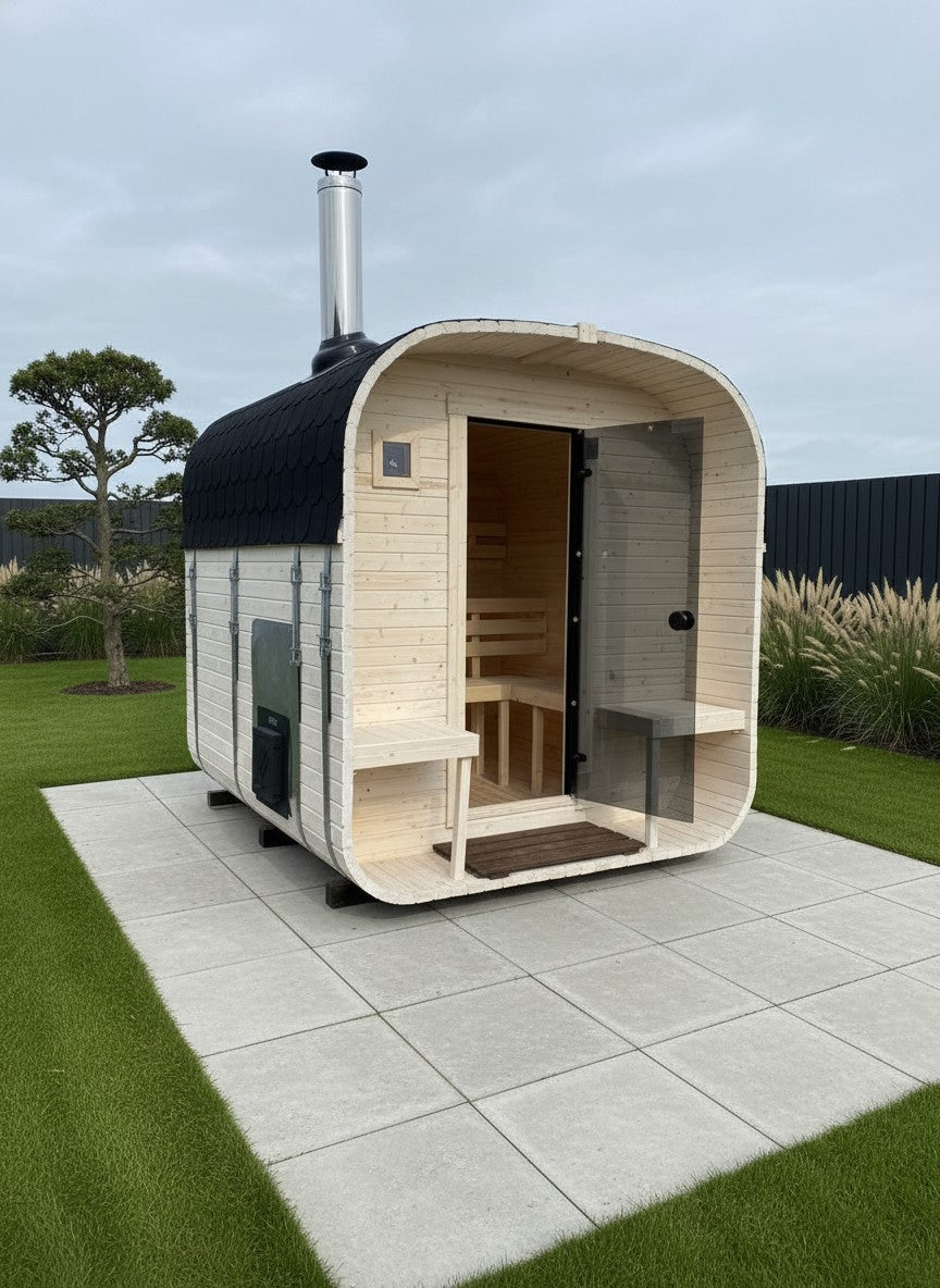 Steam & Oak Gas Cube Sauna 2.4m with Porch (Electric or Wood-Fired) - SGP Garden Ltd