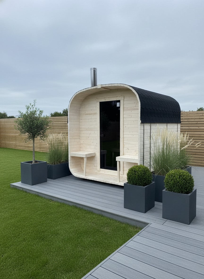 Steam & Oak Gas Cube Sauna 2.4m with Porch (Electric or Wood-Fired) - SGP Garden Ltd