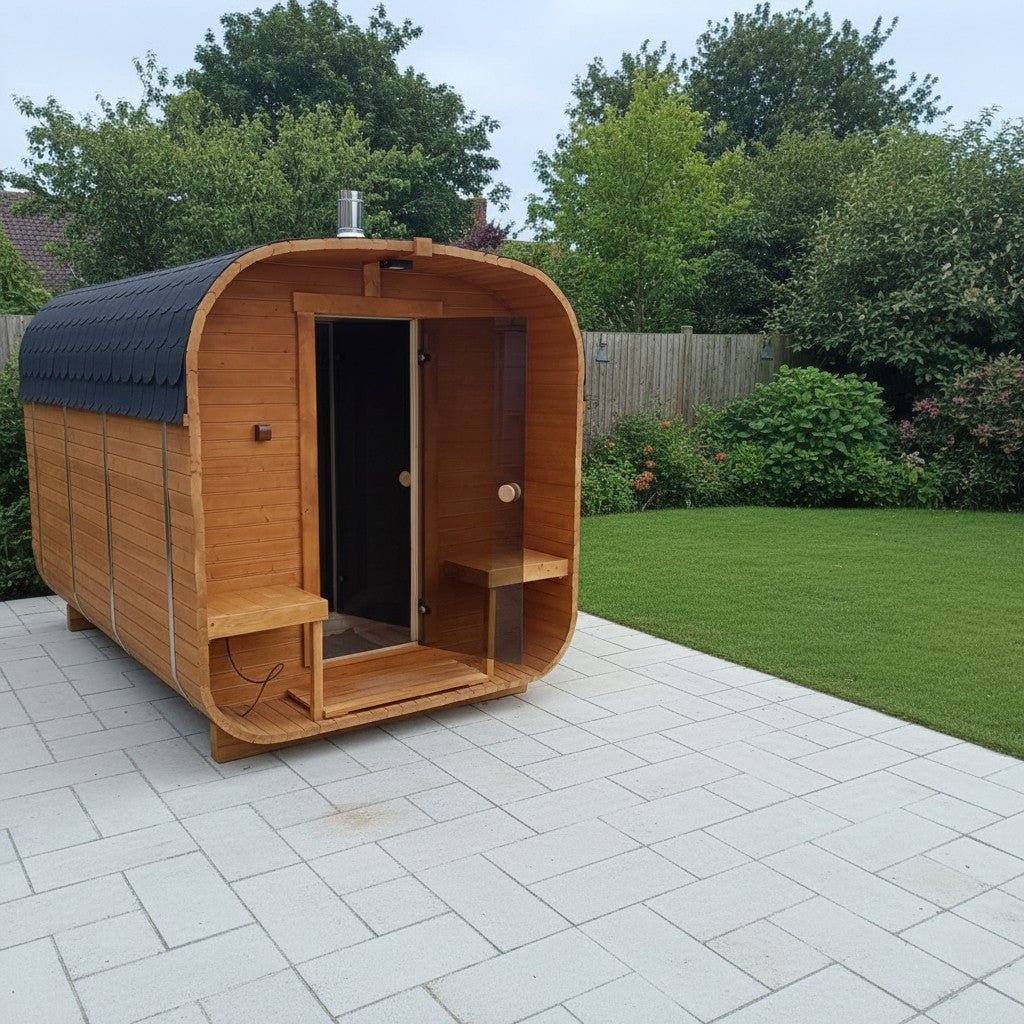 Steam & Oak Gas Cube Sauna 3.4m Premium L-Bench (Electric or Wood-Fired) - SGP Garden Ltd