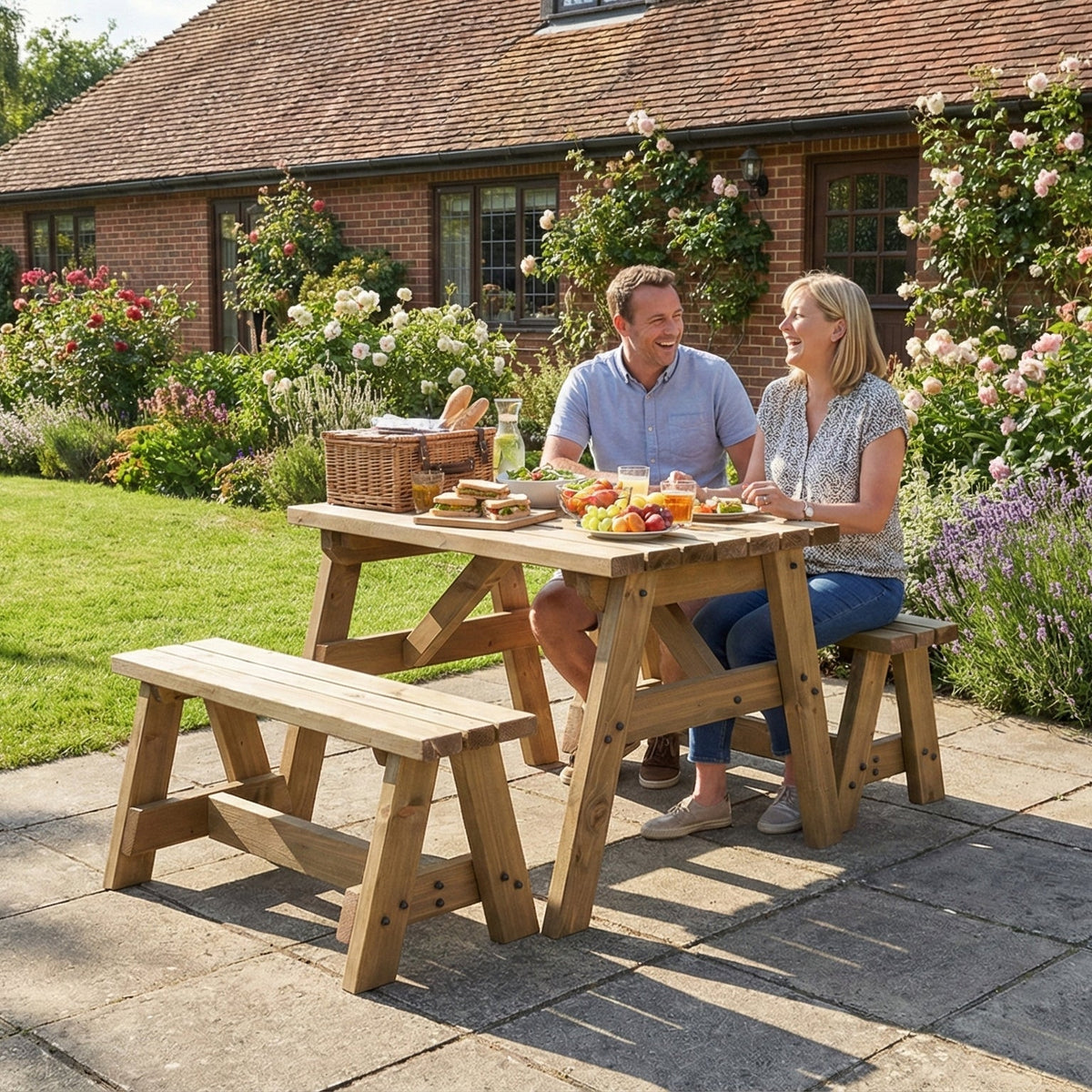 Victoria Picnic Table and Benches Set - Rustic Finish - SGP Garden Ltd