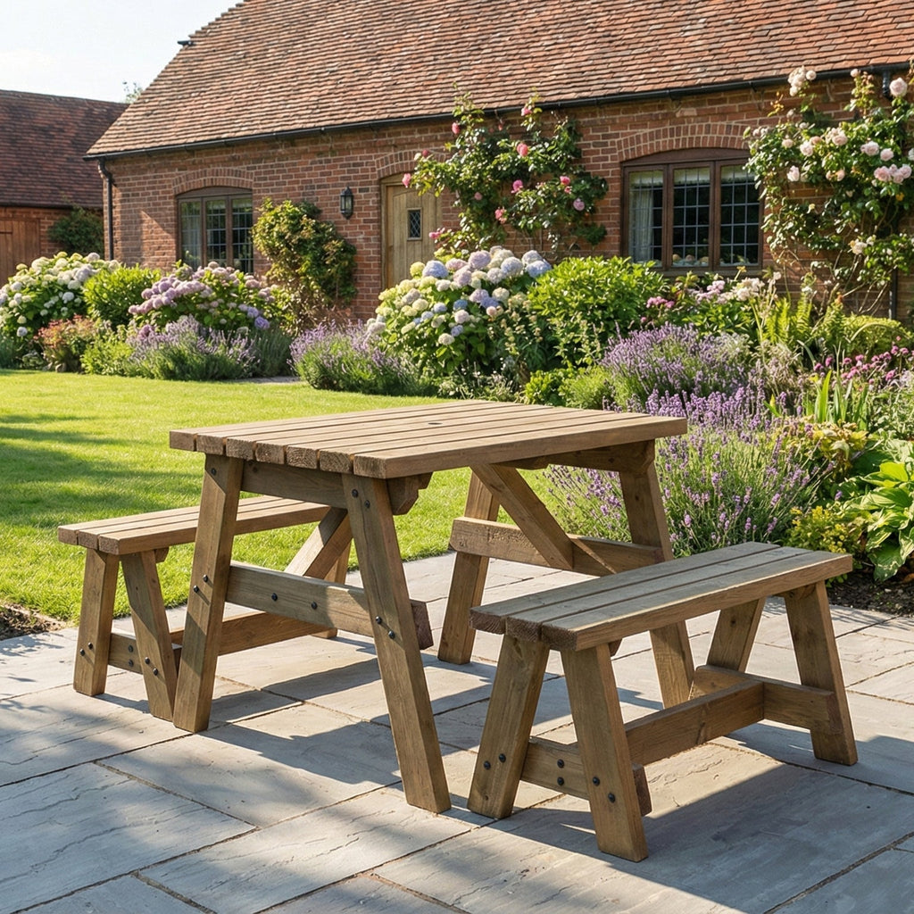 Victoria Picnic Table and Benches Set - Rustic Finish - SGP Garden Ltd