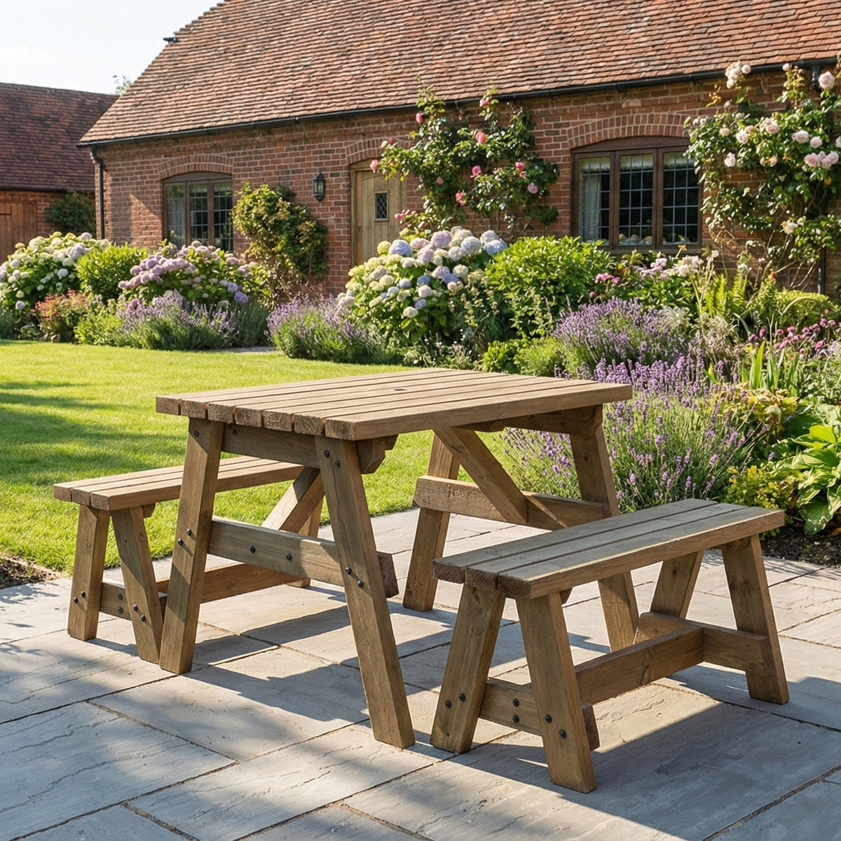 Victoria Picnic Table and Benches Set - Rustic Finish - SGP Garden Ltd