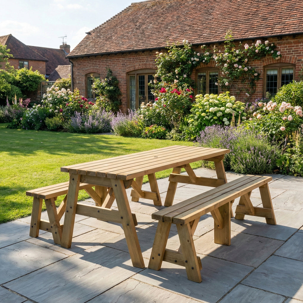 Victoria Picnic Table and Benches Set - Rustic Finish - SGP Garden Ltd