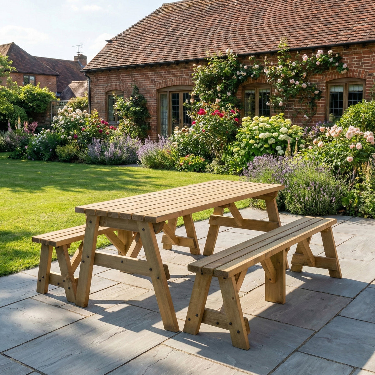 Victoria Picnic Table and Benches Set - Rustic Finish - SGP Garden Ltd