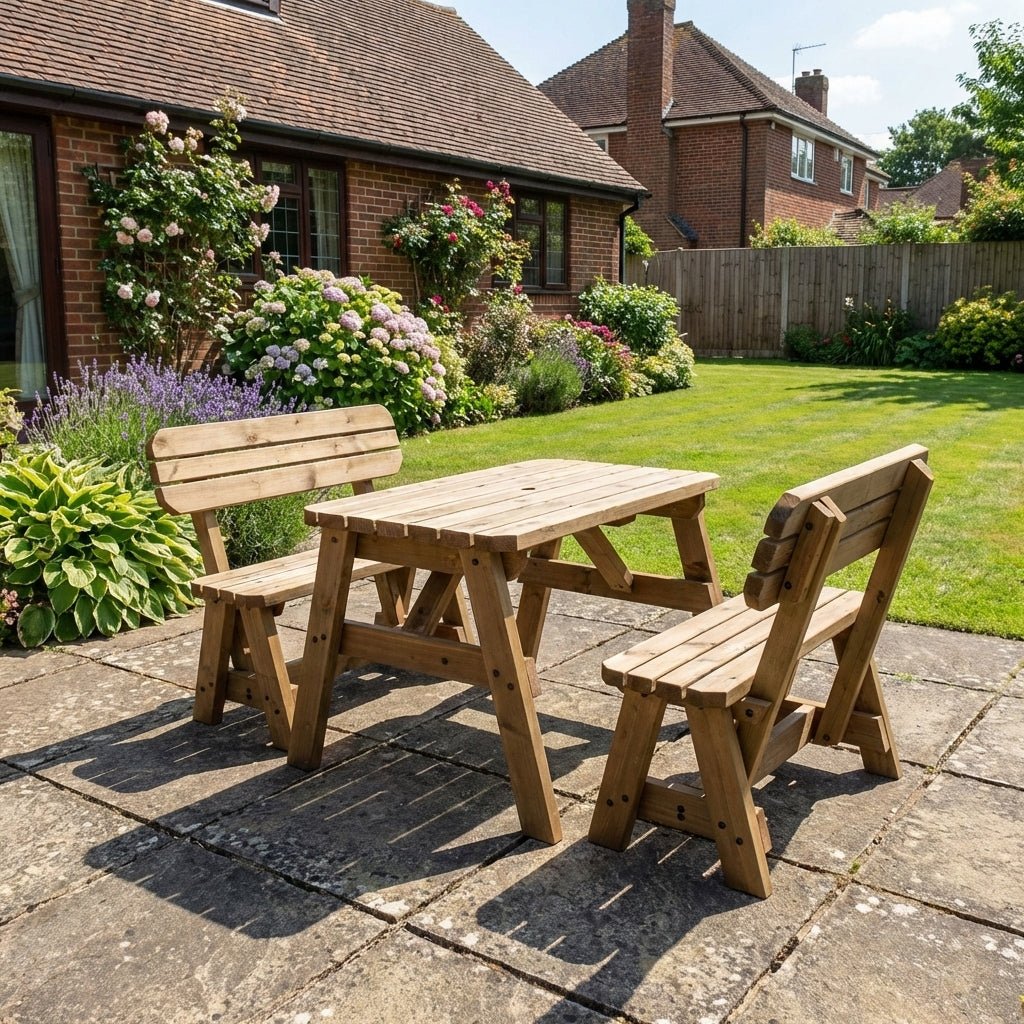 Victoria Rounded Picnic Table and Benches Set With Backrest - Rustic Finish - SGP Garden Ltd
