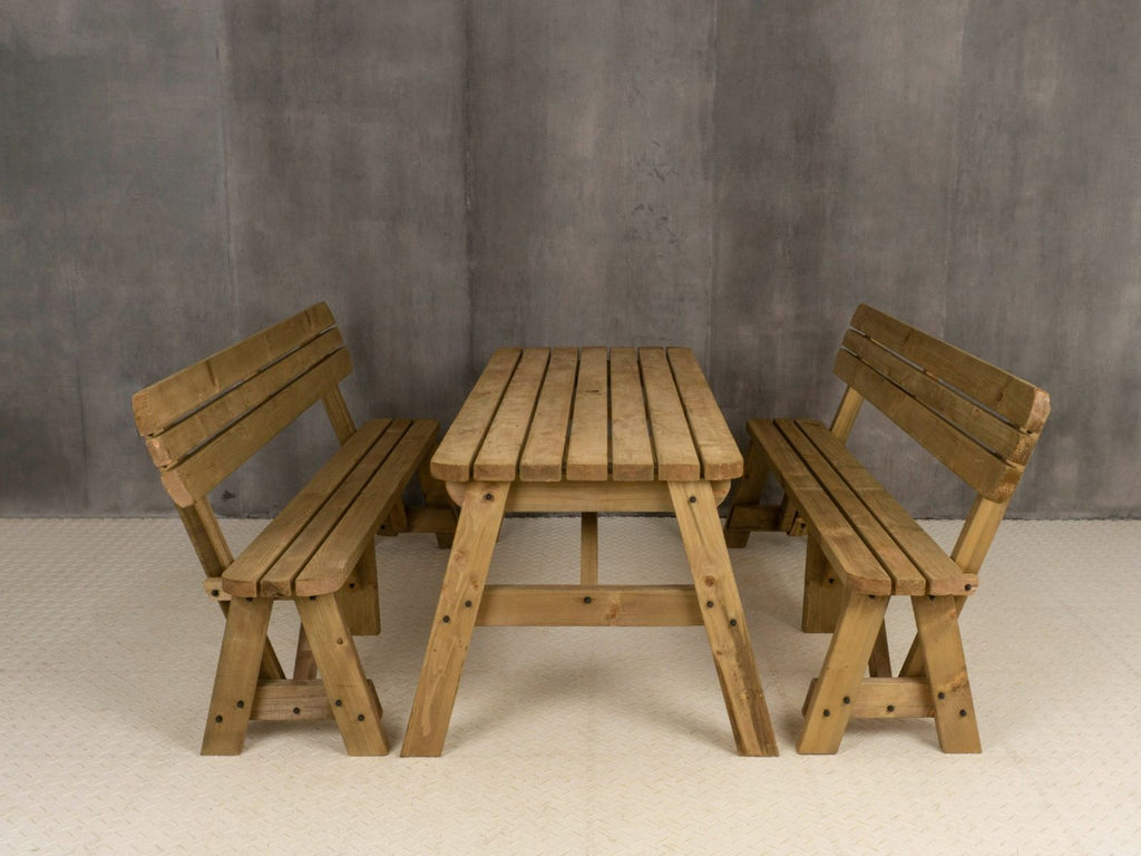 Victoria Rounded Picnic Table and Benches Set With Backrest - Rustic Finish - SGP Garden Ltd