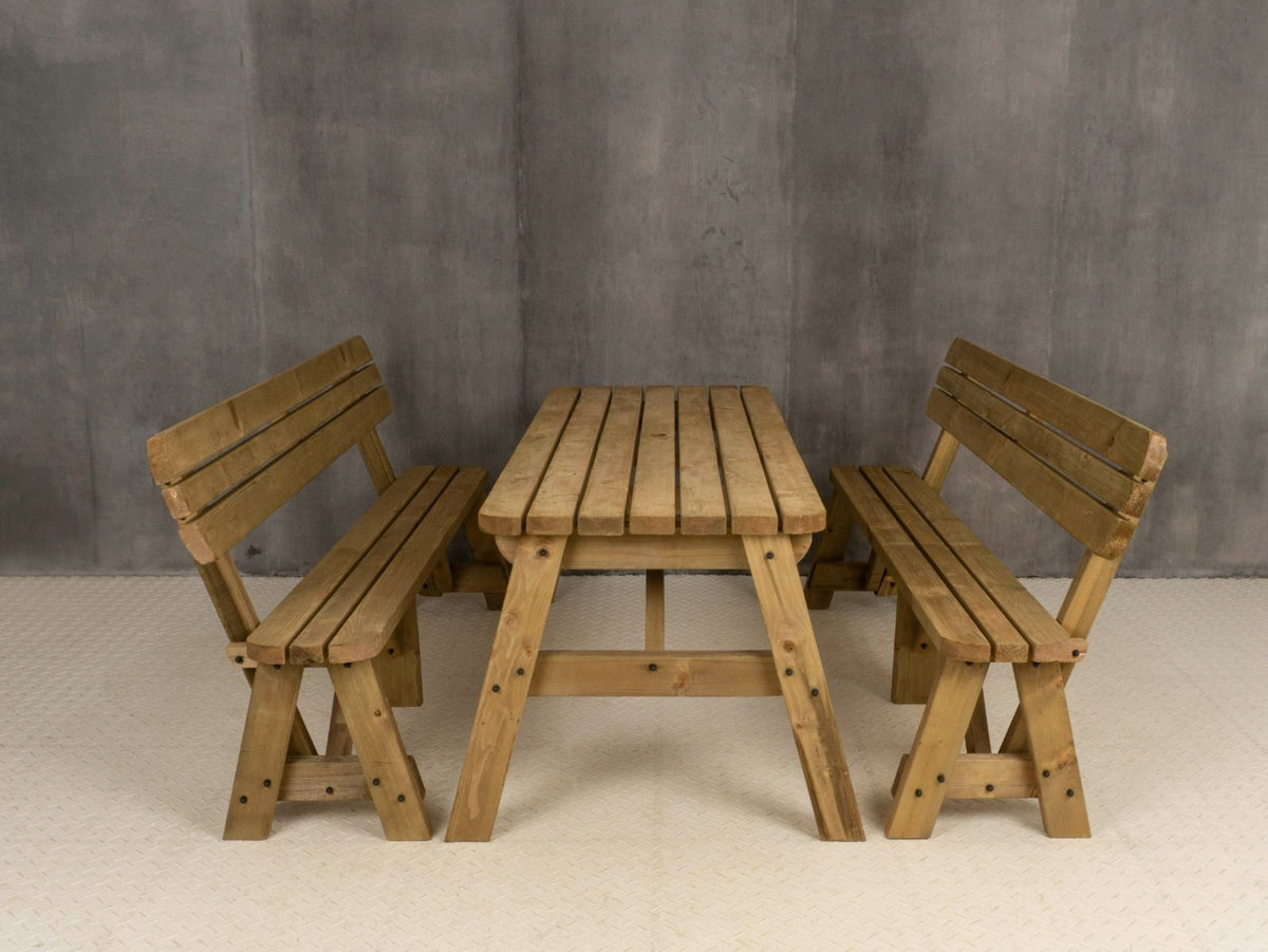 Victoria Rounded Picnic Table and Benches Set With Backrest - Rustic Finish - SGP Garden Ltd