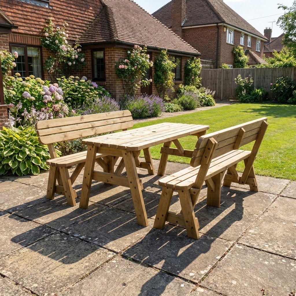 Victoria Rounded Picnic Table and Benches Set With Backrest - Rustic Finish - SGP Garden Ltd