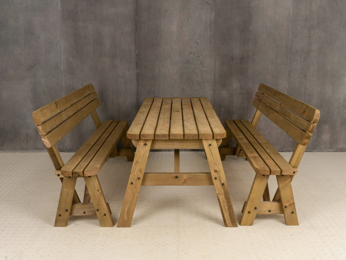 Victoria Rounded Picnic Table and Benches Set With Backrest - Rustic Finish - SGP Garden Ltd
