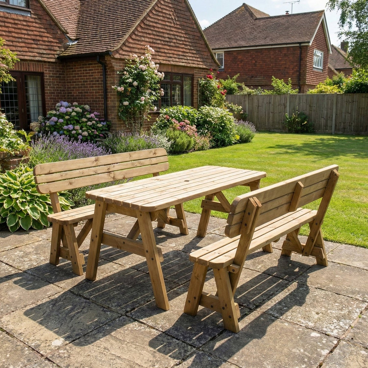Victoria Rounded Picnic Table and Benches Set With Backrest - Rustic Finish - SGP Garden Ltd