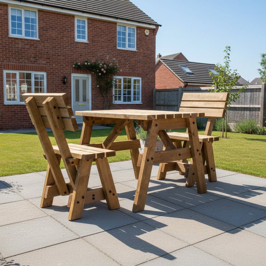 Victoria Space Saving Picnic Table and Benches Set With Backrest - Rustic Finish - SGP Garden Ltd