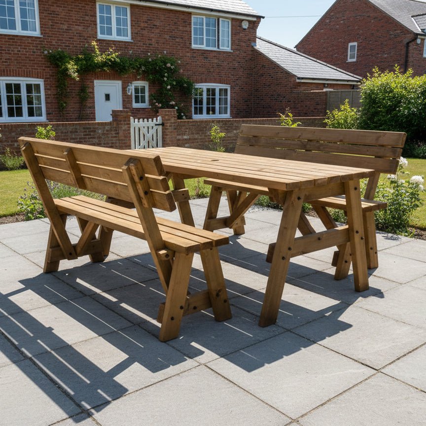 Victoria Space Saving Picnic Table and Benches Set With Backrest - Rustic Finish - SGP Garden Ltd