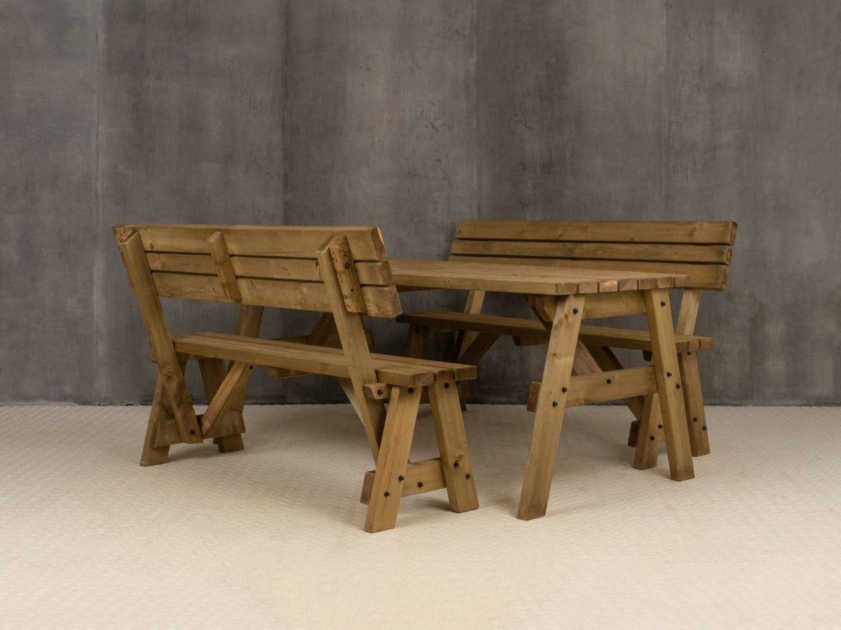 Victoria Space Saving Picnic Table and Benches Set With Backrest - Rustic Finish - SGP Garden Ltd