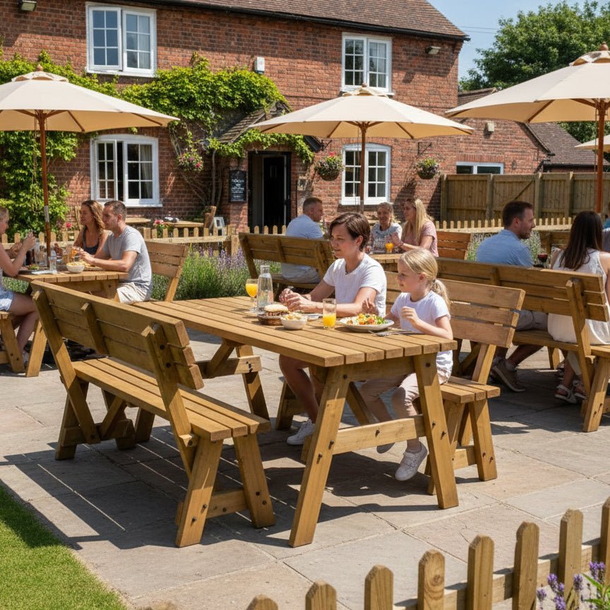 Victoria Space Saving Picnic Table and Benches Set With Backrest - Rustic Finish - SGP Garden Ltd