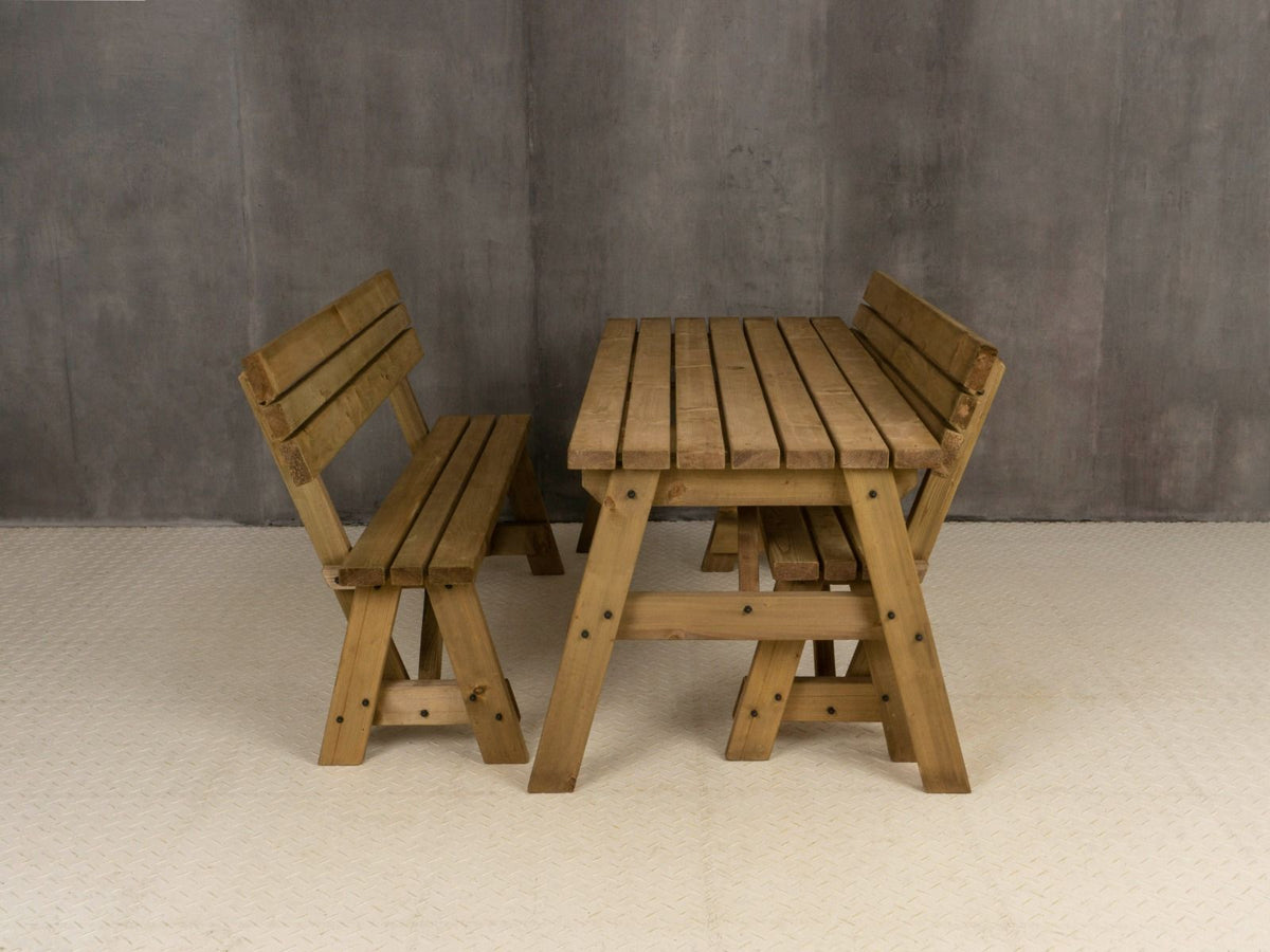Victoria Space Saving Picnic Table and Benches Set With Backrest - Rustic Finish - SGP Garden Ltd