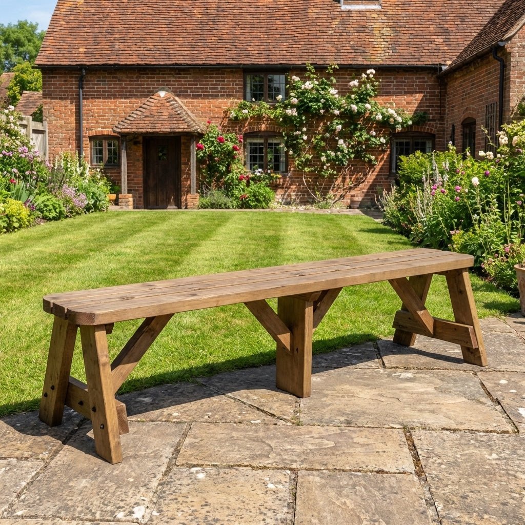 Victoria Wooden Garden Rounded Bench, Outdoor Fence Seat - Rustic Brown Finish - SGP Garden Ltd