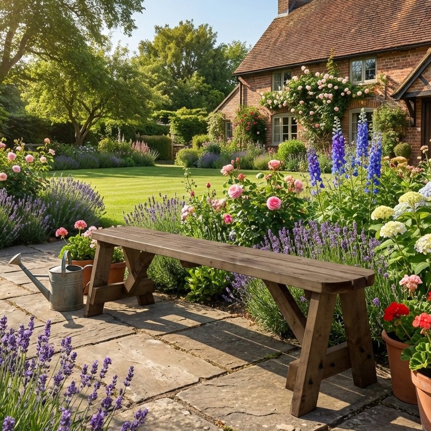 Victoria Wooden Garden Rounded Bench, Outdoor Fence Seat - Rustic Brown Finish - SGP Garden Ltd