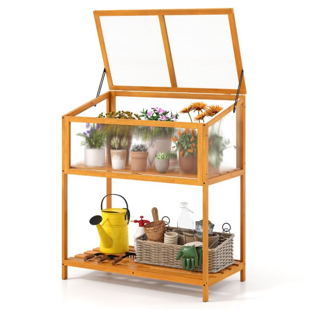 Wood Cold Frame Greenhouse with Slatted Storage Shelf - SGP Garden Ltd