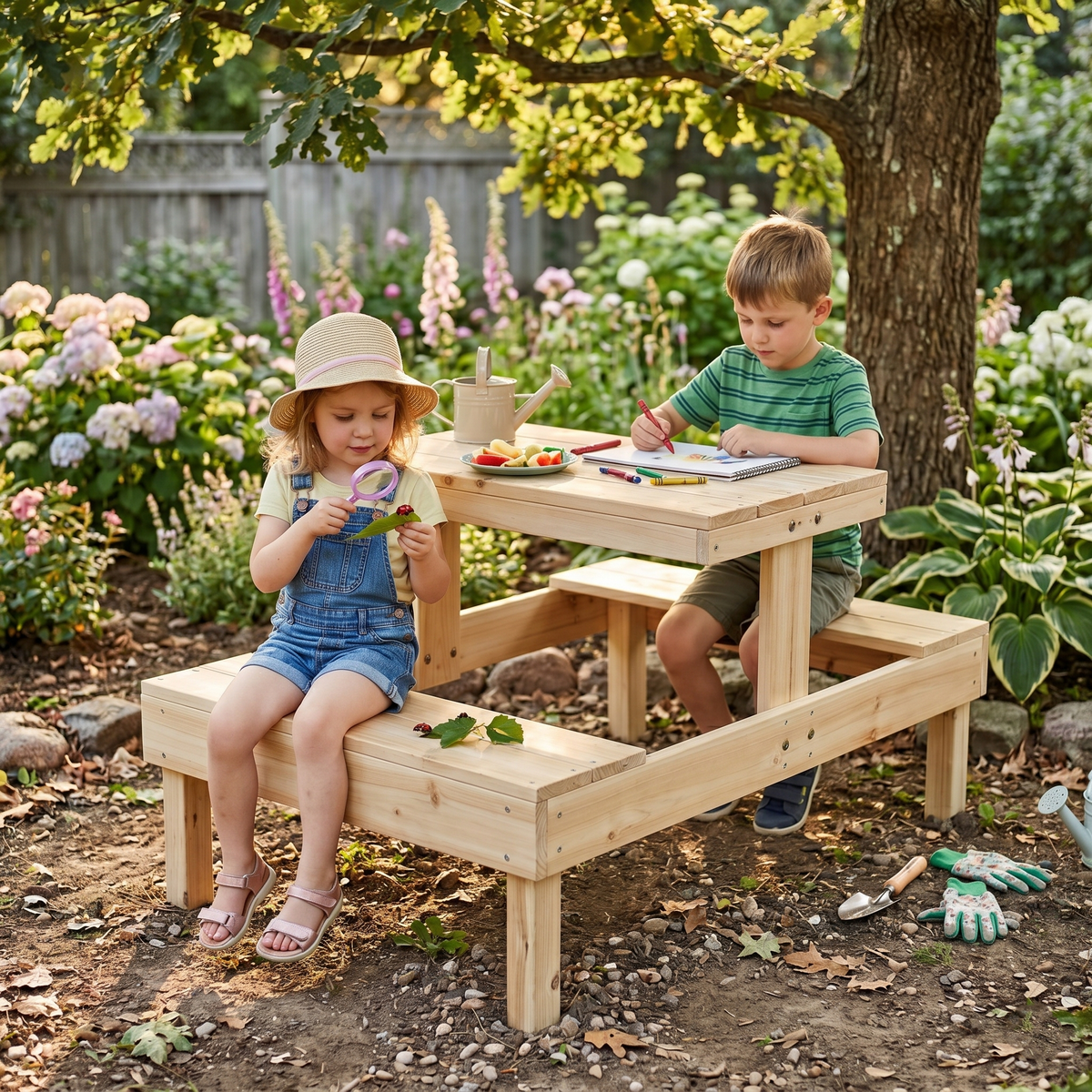 Wooden Children’s Picnic Table - Playhouse Table & Bench Accessory - SGP Garden Ltd