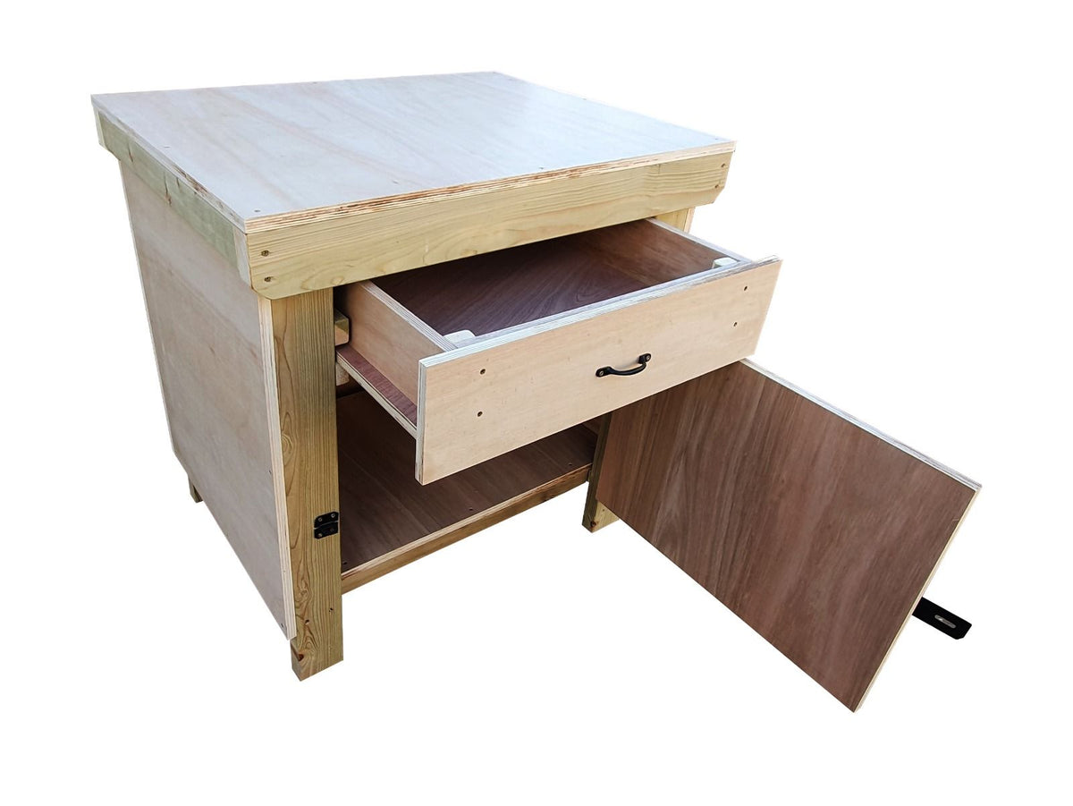 Wooden Eucalyptus hardwood top storage workbench with lockable cupboard and drawers (V.4) - SGP Garden Ltd