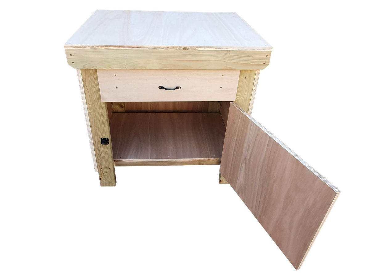 Wooden Eucalyptus hardwood top storage workbench with lockable cupboard and drawers (V.4) - SGP Garden Ltd